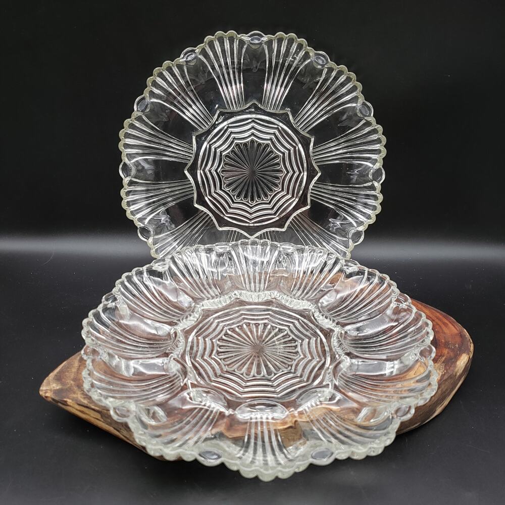 Anchor Hocking Wave Fan Clear Glass Egg Tray & Matching Relish Tray Set 9.5"